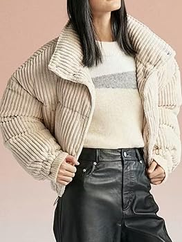 Kissonic Women's Winter Corduroy Cropped Puffer Jacket Warm